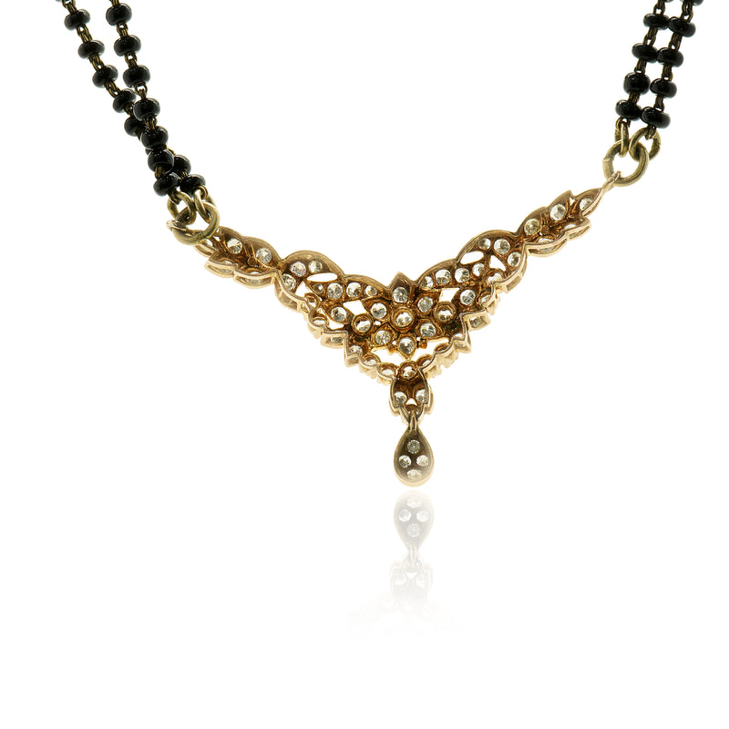 10 Karat Rose Gold Vintage Diamond Floral Motif and Double Stranded Onyx Bead Necklace