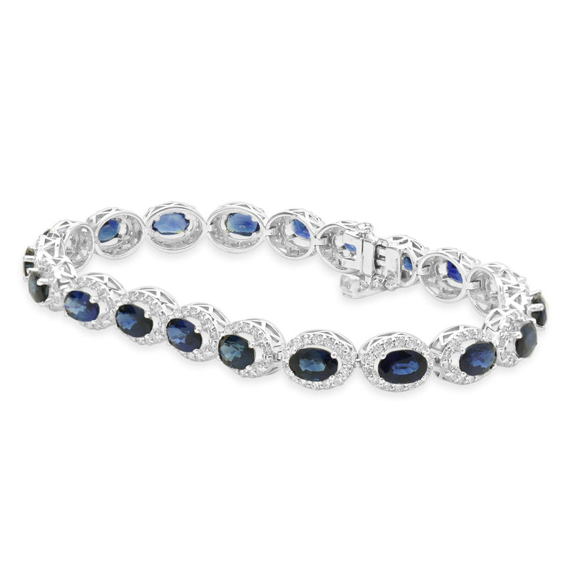 14 Karat White Gold Sapphire and Diamond Halo Link Bracelet