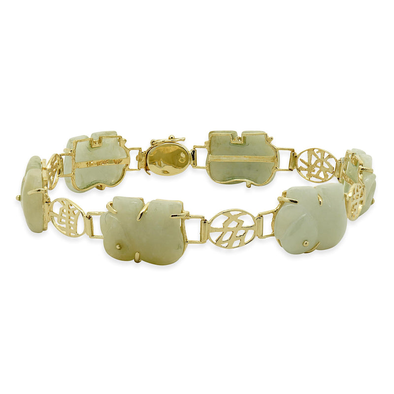 14 Karat Yellow Gold Linked Asian Elephant Jade Bracelet