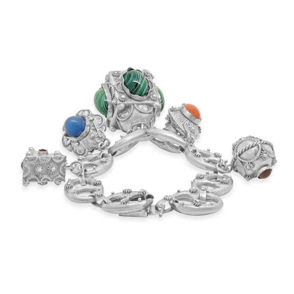 Sterling Silver Vintage Italian Designed Ornate Multi Gemstone Charm Bracelet