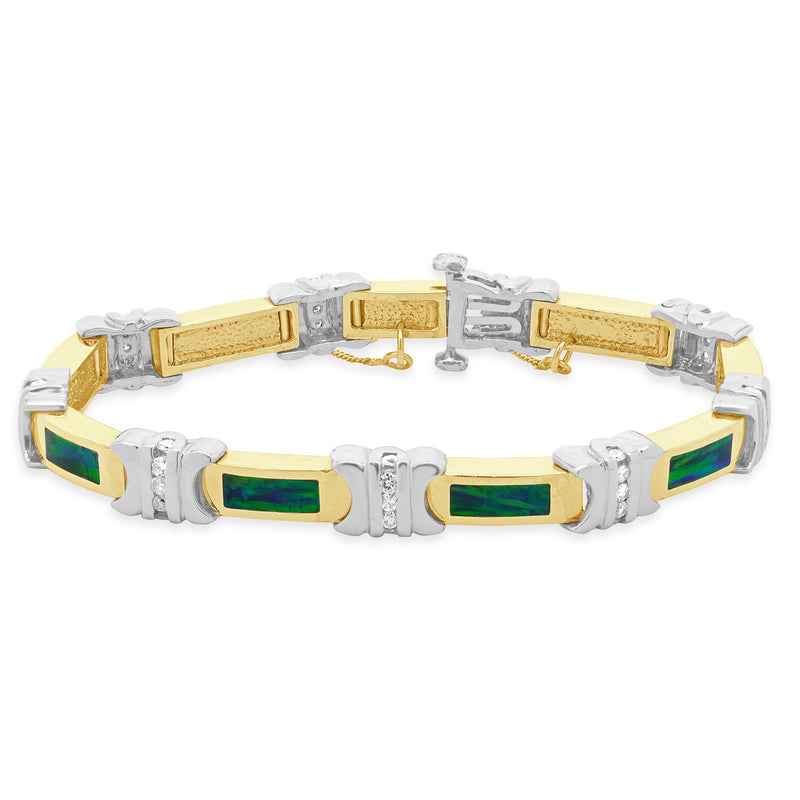 14 Karat Yellow & White Gold Diamond and Opal Inlay Bracelet