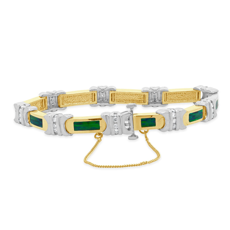 14 Karat Yellow & White Gold Diamond and Opal Inlay Bracelet
