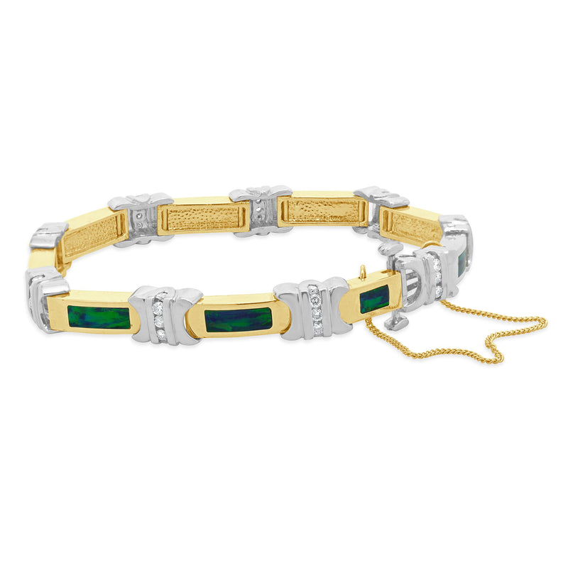 14 Karat Yellow & White Gold Diamond and Opal Inlay Bracelet