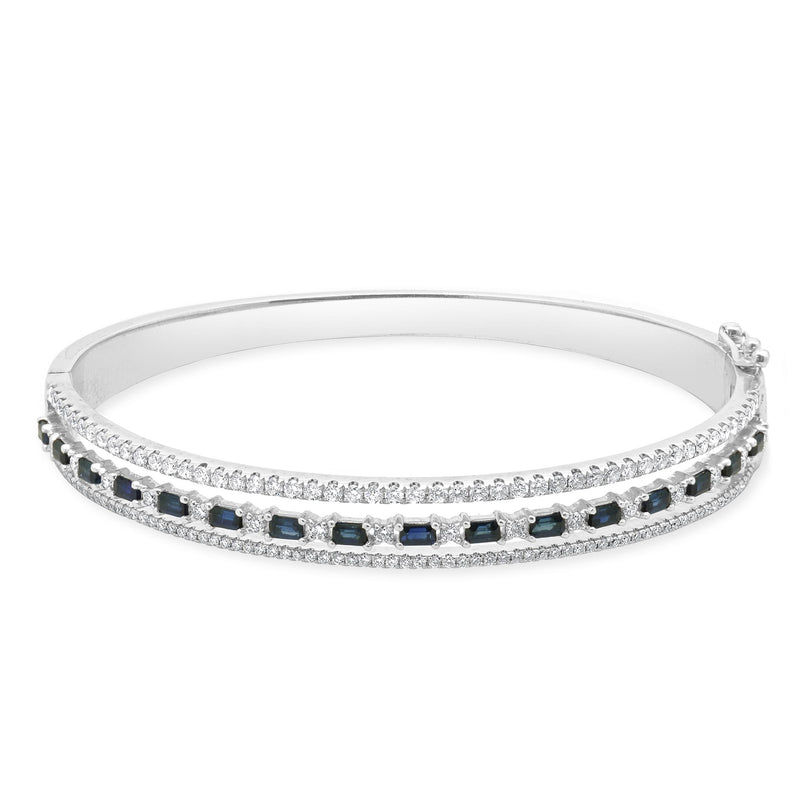 14 Karat White Gold Sapphire and Diamond Three Row Bangle Bracelet