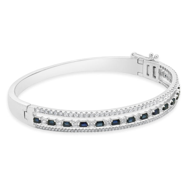 14 Karat White Gold Sapphire and Diamond Three Row Bangle Bracelet
