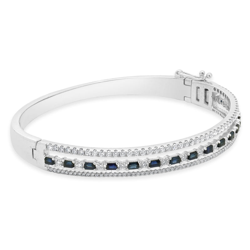 14 Karat White Gold Sapphire and Diamond Three Row Bangle Bracelet