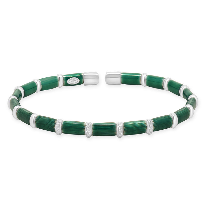 Sterling Silver & 18 Karat White Gold Green Enamel Bangle Bracelet