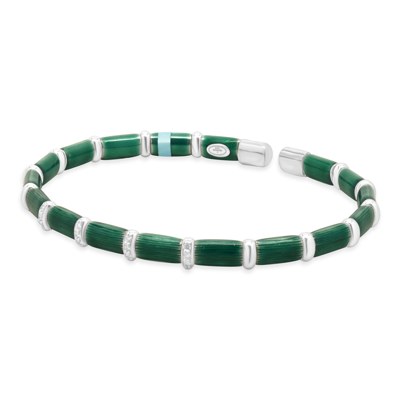 Sterling Silver & 18 Karat White Gold Green Enamel Bangle Bracelet