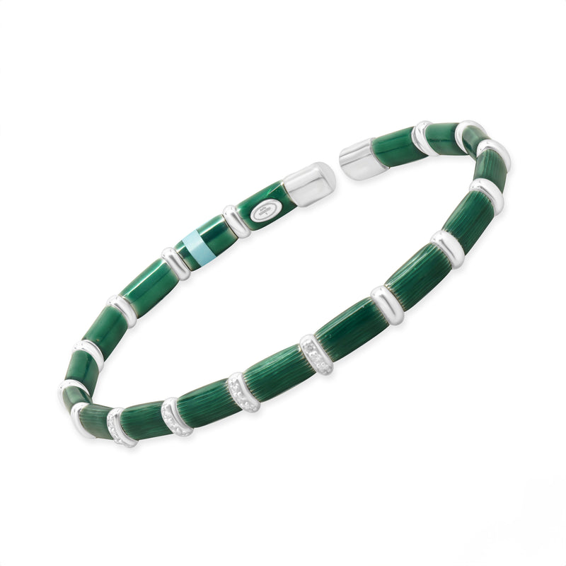 Sterling Silver & 18 Karat White Gold Green Enamel Bangle Bracelet