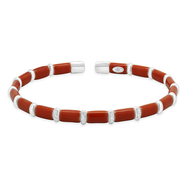 Sterling Silver & 18 Karat White Gold Coral Enamel Bangle Bracelet