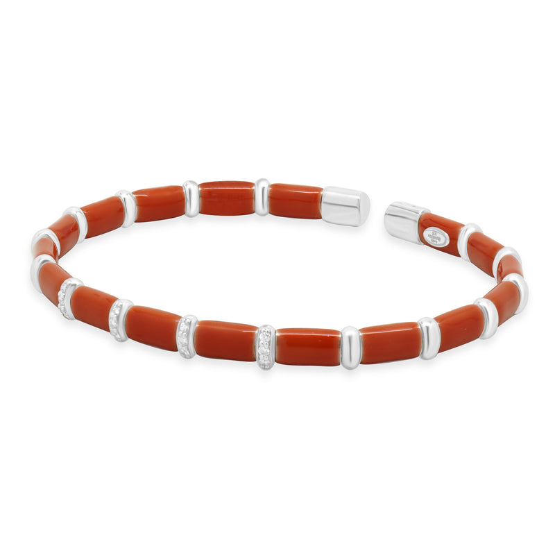 Sterling Silver & 18 Karat White Gold Coral Enamel Bangle Bracelet