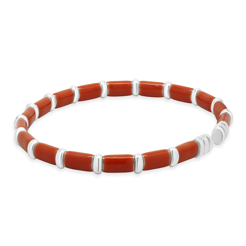 Sterling Silver & 18 Karat White Gold Coral Enamel Bangle Bracelet