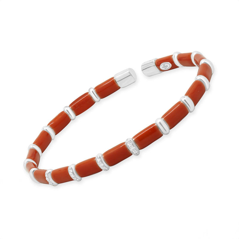 Sterling Silver & 18 Karat White Gold Coral Enamel Bangle Bracelet