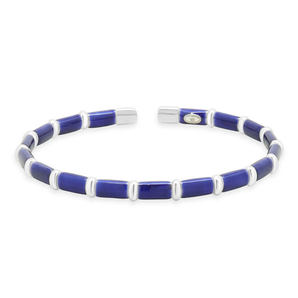 Sterling Silver & 18 Karat White Gold Navy Blue Enamel Bangle Bracelet