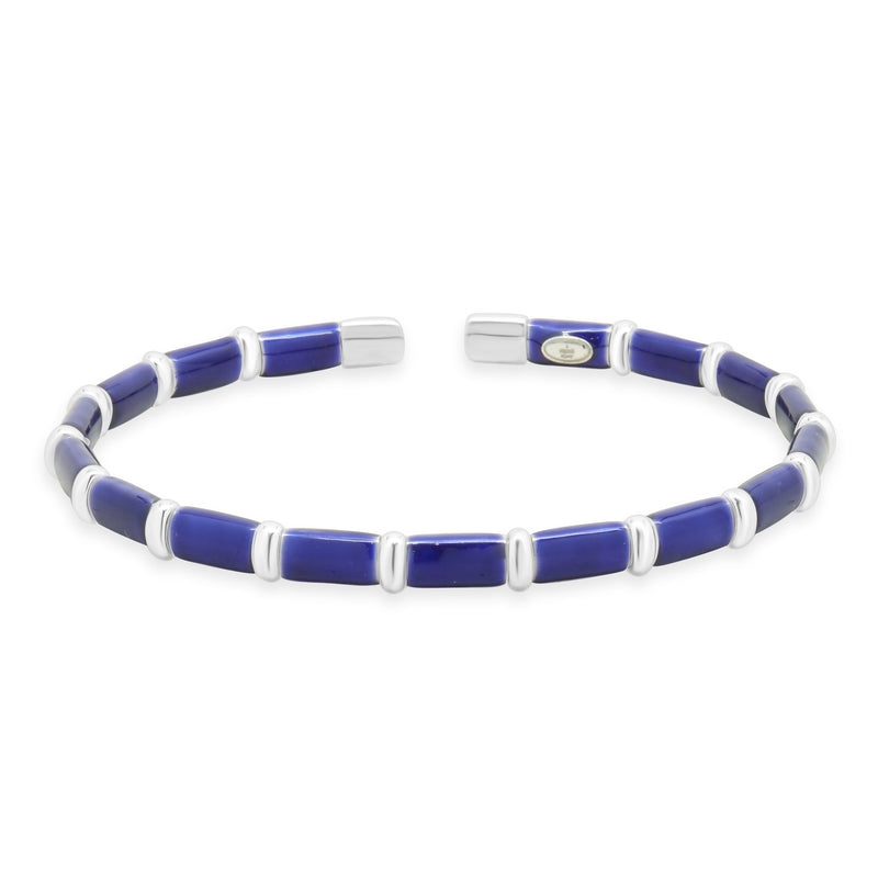 Sterling Silver & 18 Karat White Gold Navy Blue Enamel Bangle Bracelet