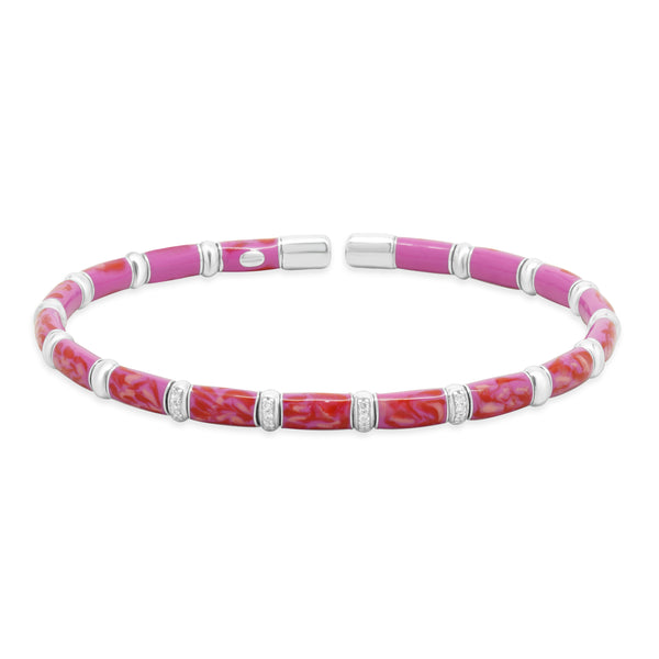 Sterling Silver & 18 Karat White Gold Pink Enamel Bangle Bracelet