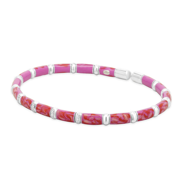 Sterling Silver & 18 Karat White Gold Pink Enamel Bangle Bracelet