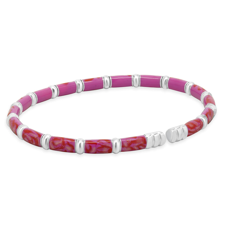Sterling Silver & 18 Karat White Gold Pink Enamel Bangle Bracelet