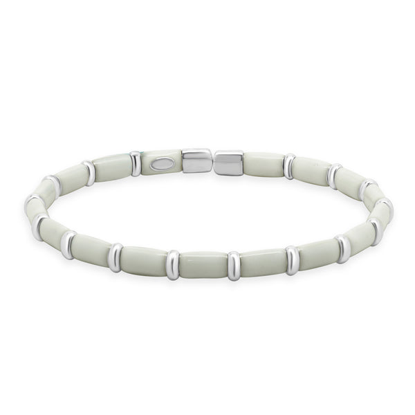 Sterling Silver & 18 Karat White Gold White Enamel Bangle Bracelet