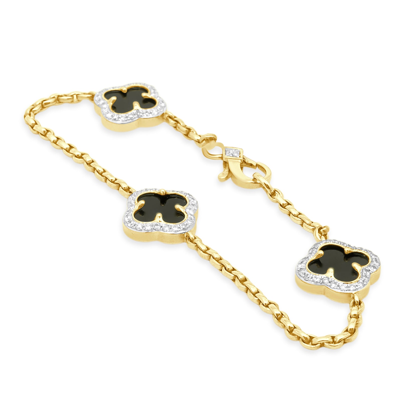 14 Karat Yellow Gold Black Onyx and Round Diamond Halo Quatrefoil