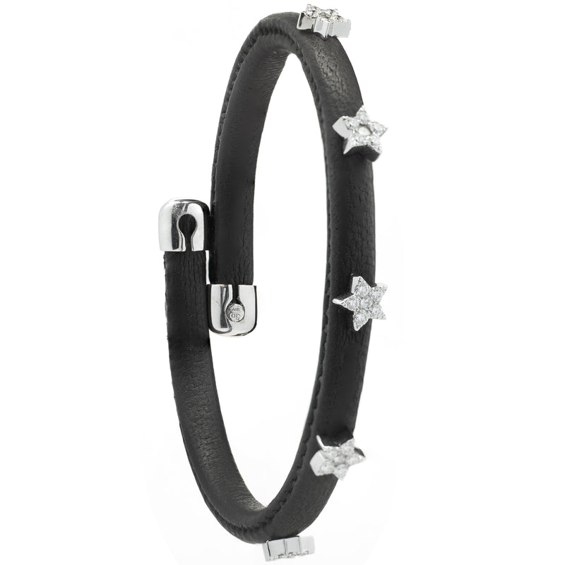 18 Karat White Gold Black Leather Diamond Star Wrap Bracelet