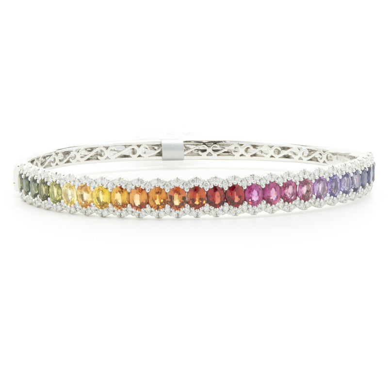 14 Karat White Gold Rainbow Sapphire and Diamond Bangle Bracelet