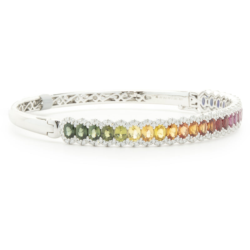 14 Karat White Gold Rainbow Sapphire and Diamond Bangle Bracelet