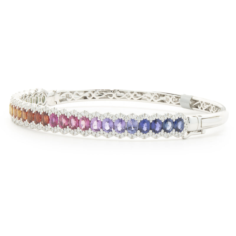 14 Karat White Gold Rainbow Sapphire and Diamond Bangle Bracelet
