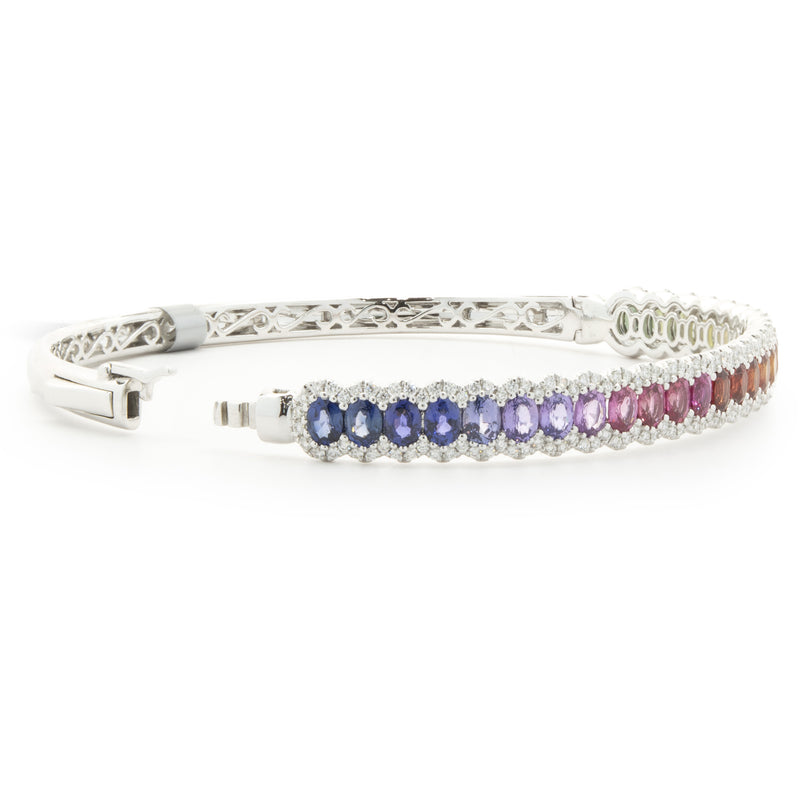 14 Karat White Gold Rainbow Sapphire and Diamond Bangle Bracelet