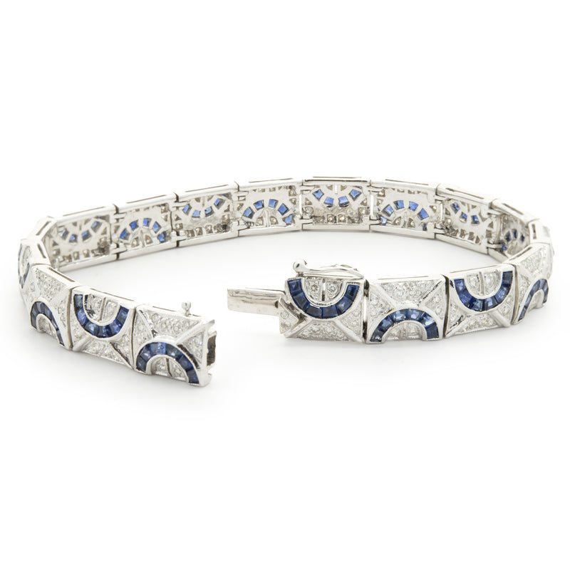 18 Karat White Gold Diamond and Sapphire Crescent Inline Bracelet