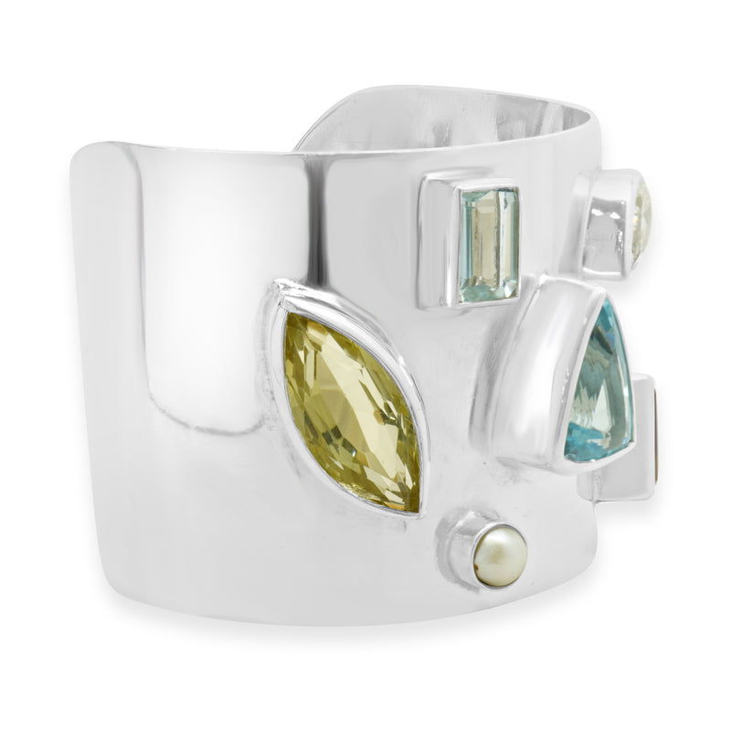 Taxco Sterling Silver Bezel Set Multi Gemstone Cuff Bracelet