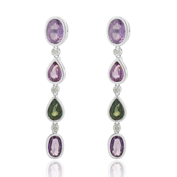 18 Karat White Gold Multi Colored Sapphire and Diamond Drop Earrings