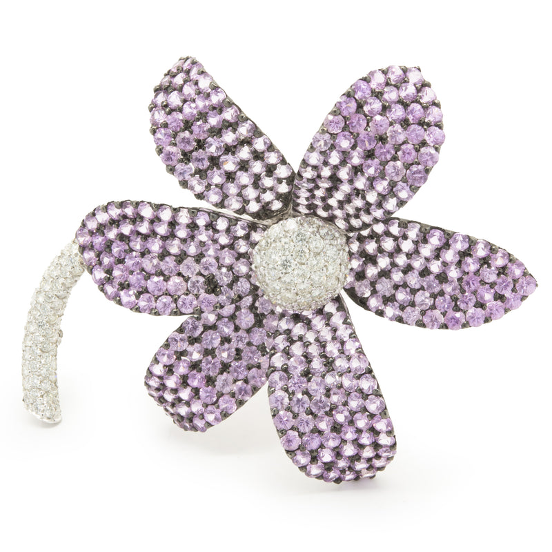 18 Karat White Gold Pave Pink Sapphire and Diamond Flower Pin