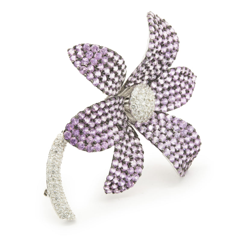 18 Karat White Gold Pave Pink Sapphire and Diamond Flower Pin