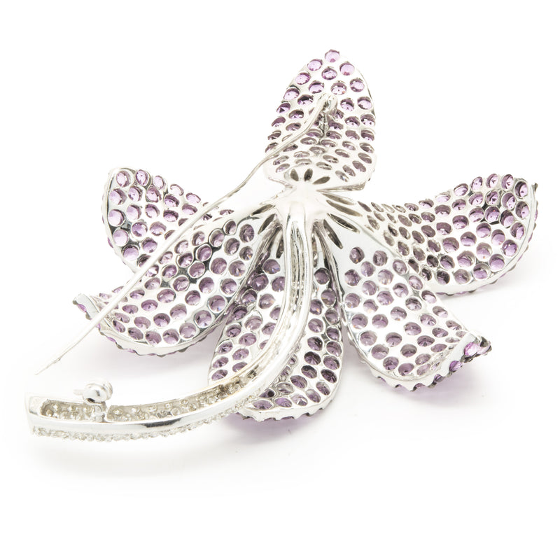 18 Karat White Gold Pave Pink Sapphire and Diamond Flower Pin