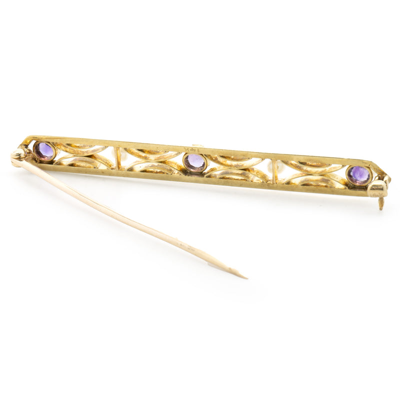 14 Karat Yellow Gold Vintage Art Deco Amethyst and Seed Pearl Pin