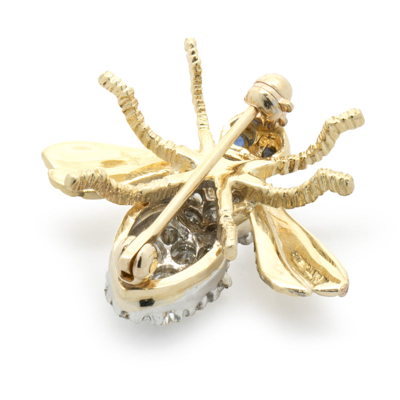 14 Karat Yellow Gold Pave Diamond and Sapphire Bee Pin