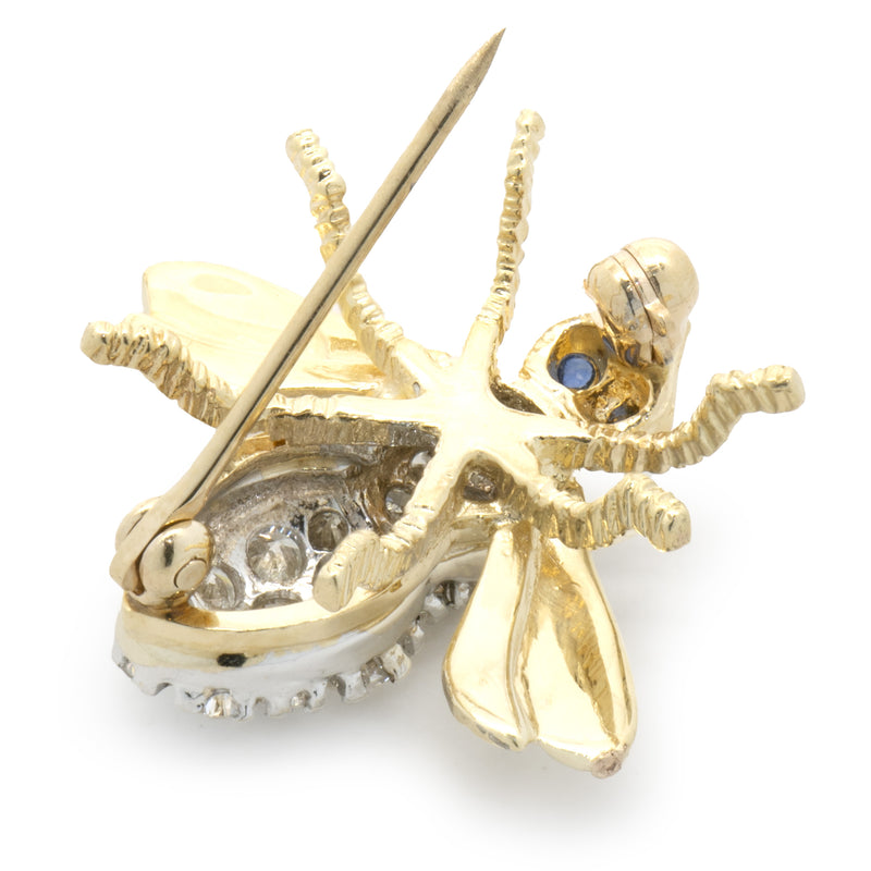 14 Karat Yellow Gold Pave Diamond and Sapphire Bee Pin