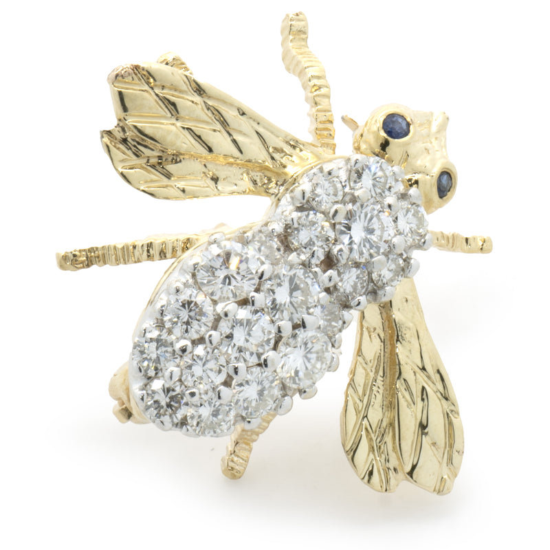 14 Karat Yellow Gold Pave Diamond and Sapphire Bee Pin