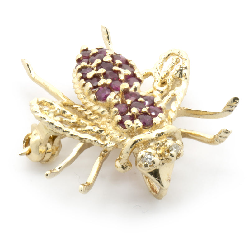 14 Karat Yellow Gold Pave Ruby and Diamond Bee Pin