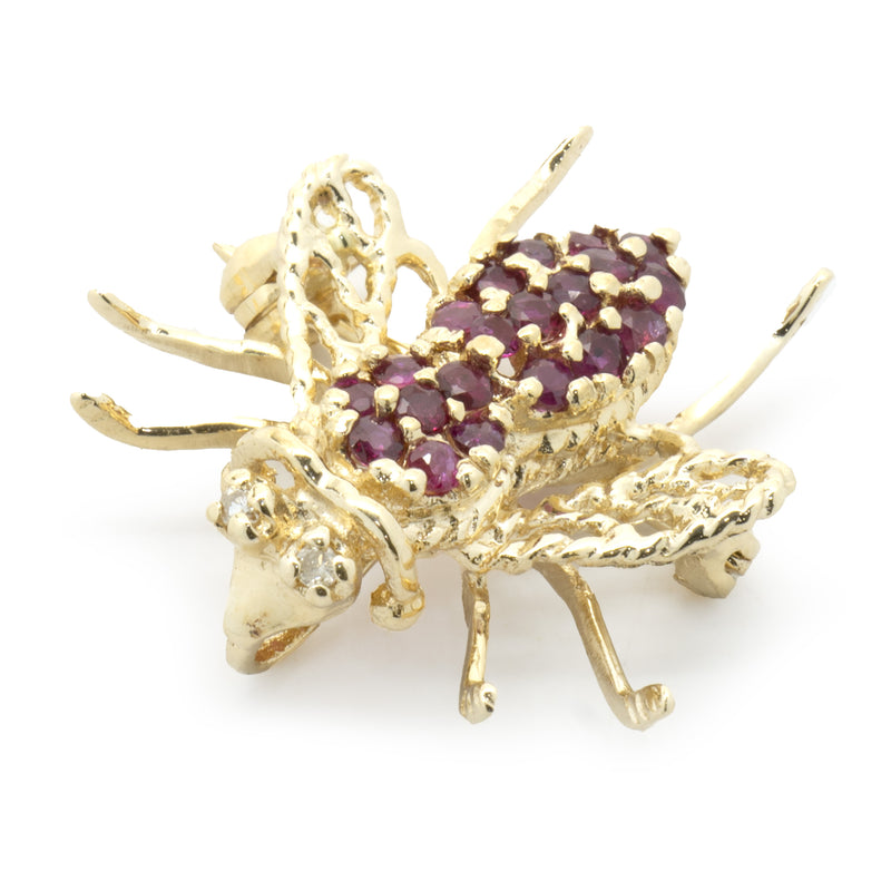 14 Karat Yellow Gold Pave Ruby and Diamond Bee Pin