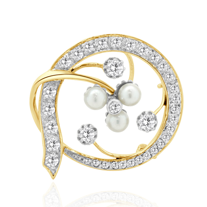 14 Karat Yellow Gold Vintage Pearl and Diamond Circle Swirl Pin