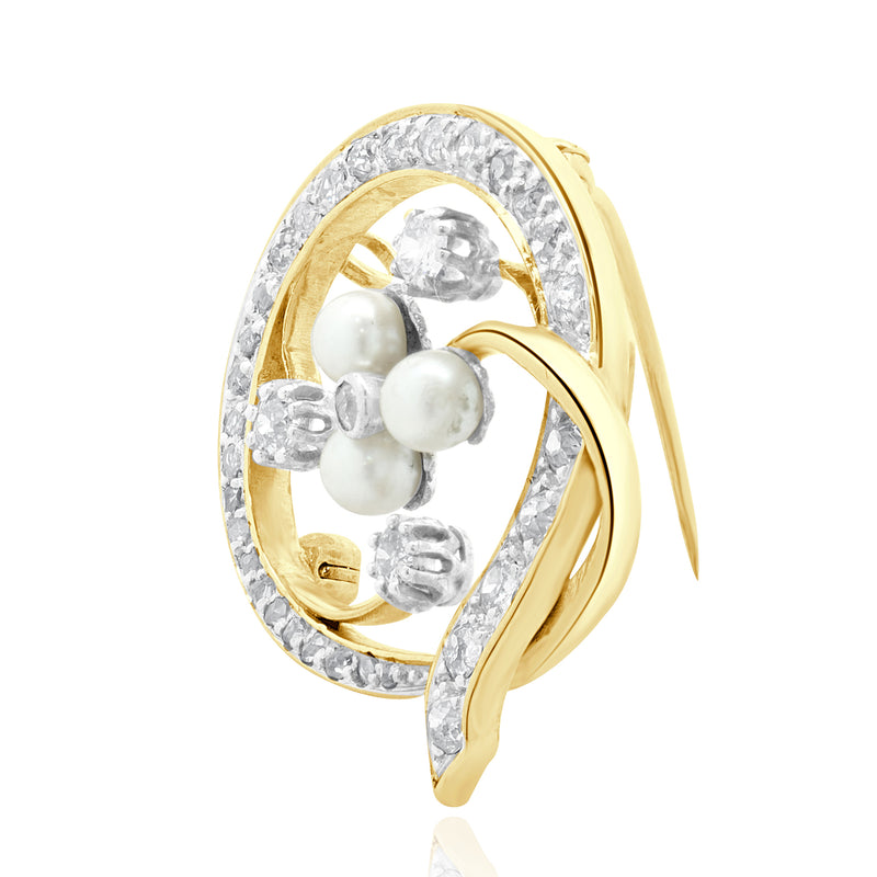 14 Karat Yellow Gold Vintage Pearl and Diamond Circle Swirl Pin