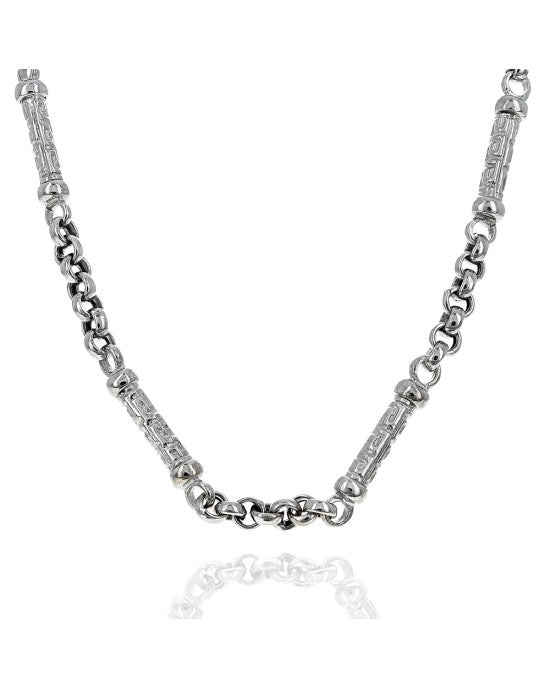 Alternating Rectangular Etched Greek Key Link Rolo Chain Necklace in W ...