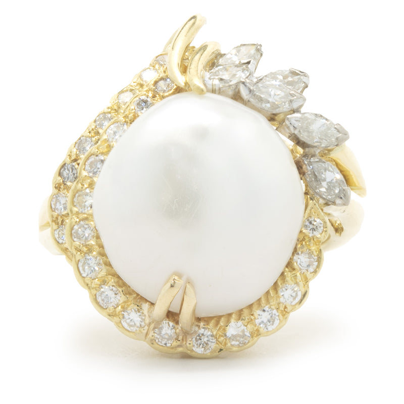 14 Karat Yellow Gold Button Pearl and Diamond Cocktail Ring