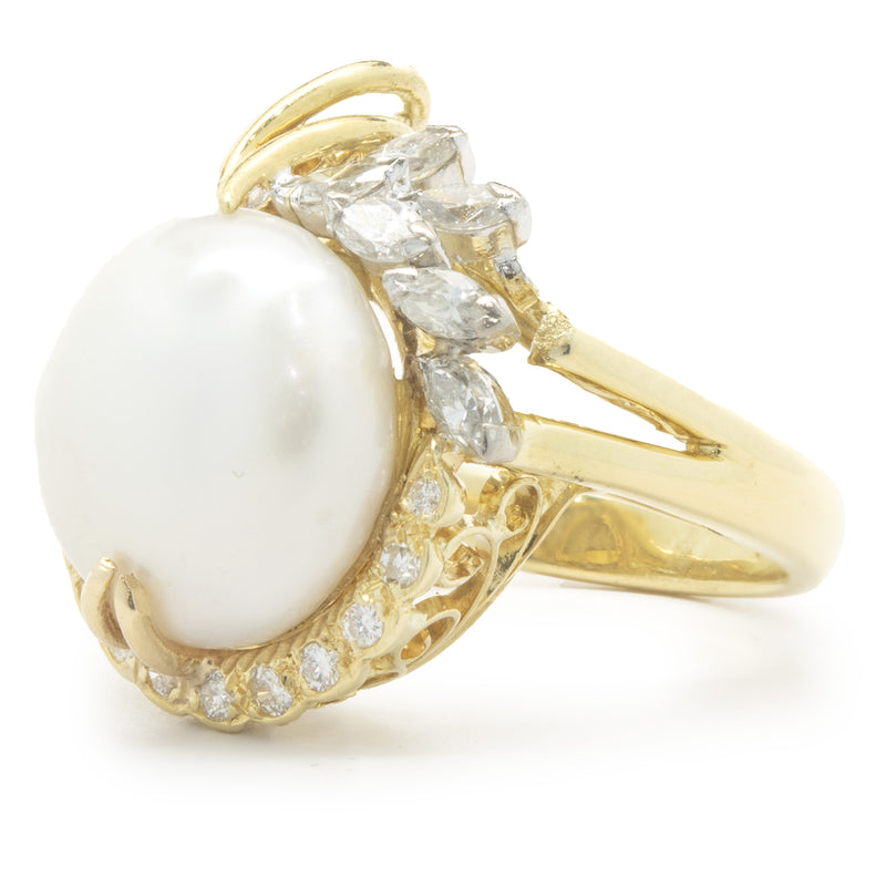 14 Karat Yellow Gold Button Pearl and Diamond Cocktail Ring