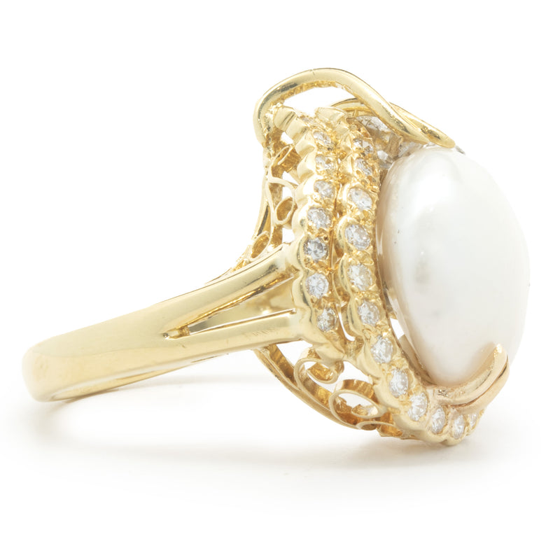 14 Karat Yellow Gold Button Pearl and Diamond Cocktail Ring
