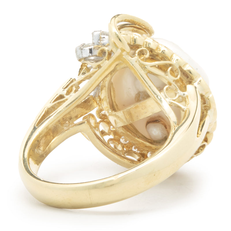 14 Karat Yellow Gold Button Pearl and Diamond Cocktail Ring