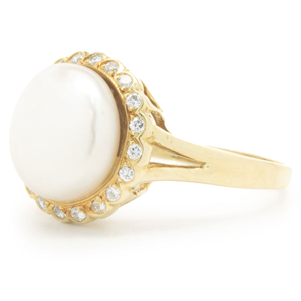 18 Karat Yellow Gold Button Pearl and Diamond Cocktail Ring