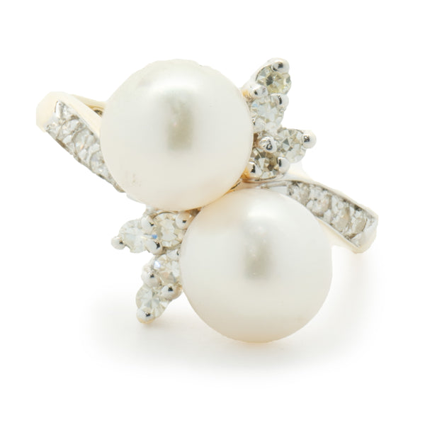 14 Karat Yellow Gold Pearl and Diamond Bypass Ring